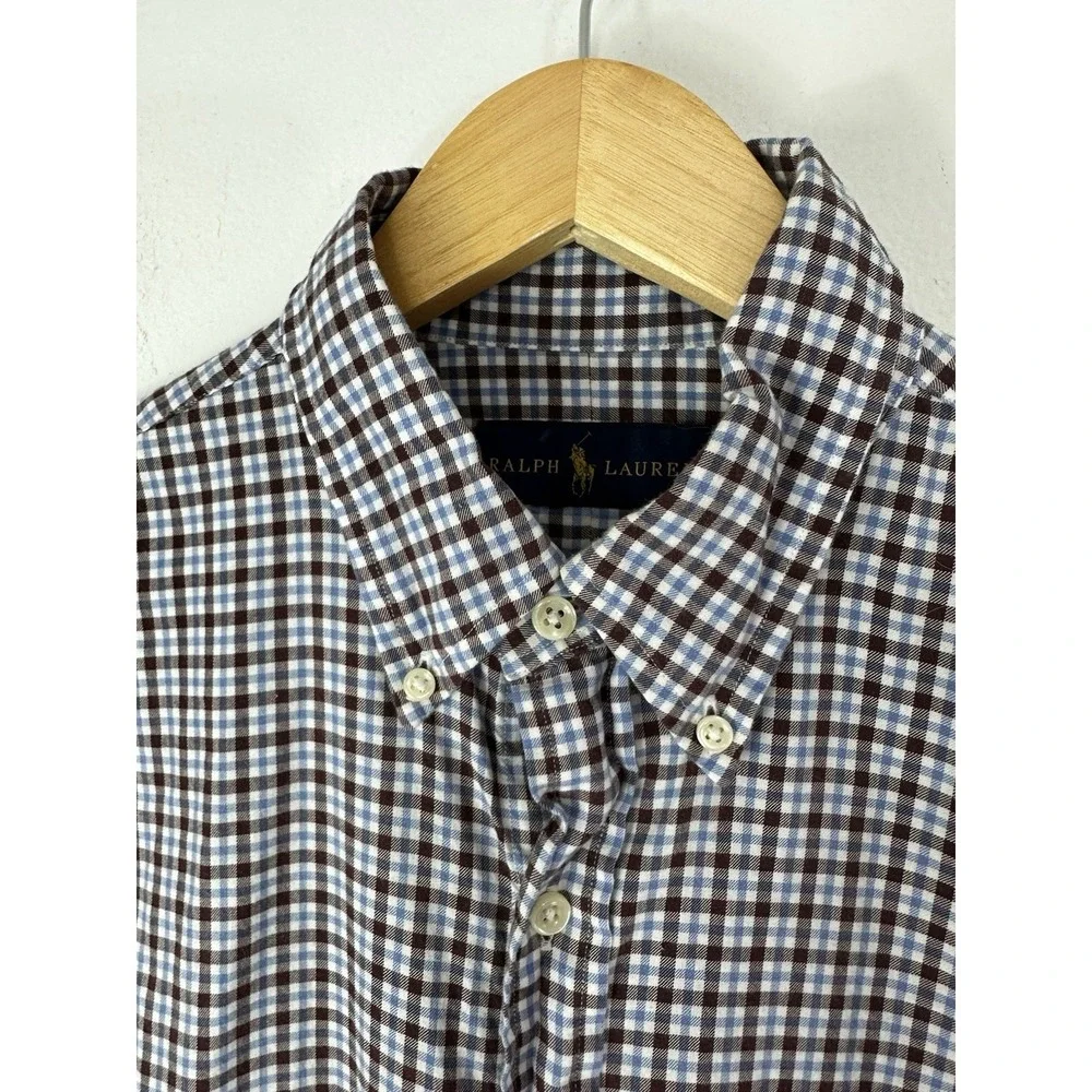Polo Ralph Lauren Shirt Mens Medium Blue White Gingham Check Button Down Pony